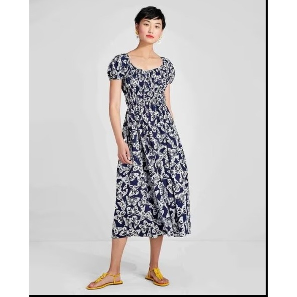 Kate Spade Spring Flight Riviera Navy White Butterfly Smocked Midi Dress Medium